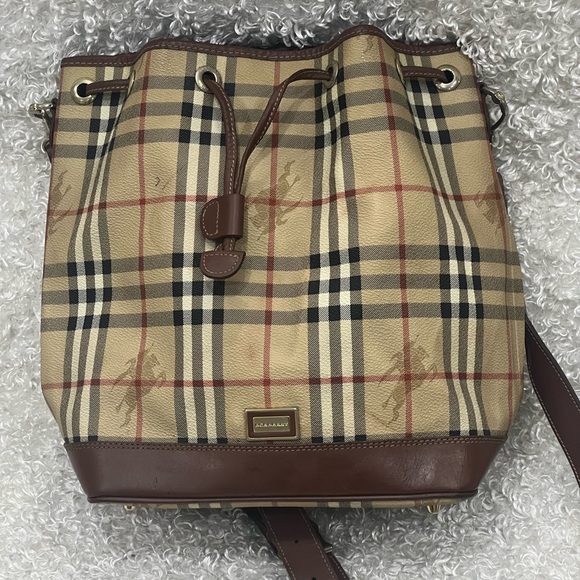 Burberry Beige/Brown Haymarket Check Canvas and Leather Drawstring Bucket Bag - Picture 1 of 15